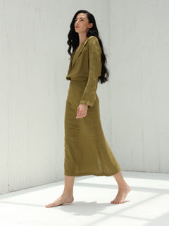 Eva Pure Linen Midi Skirt by G Linen World  - Olive Side shot 