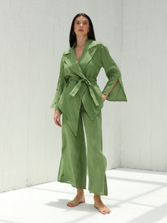 Sofia Pure Linen Side-Slit Pants From G Linen - Grass - Coord Set