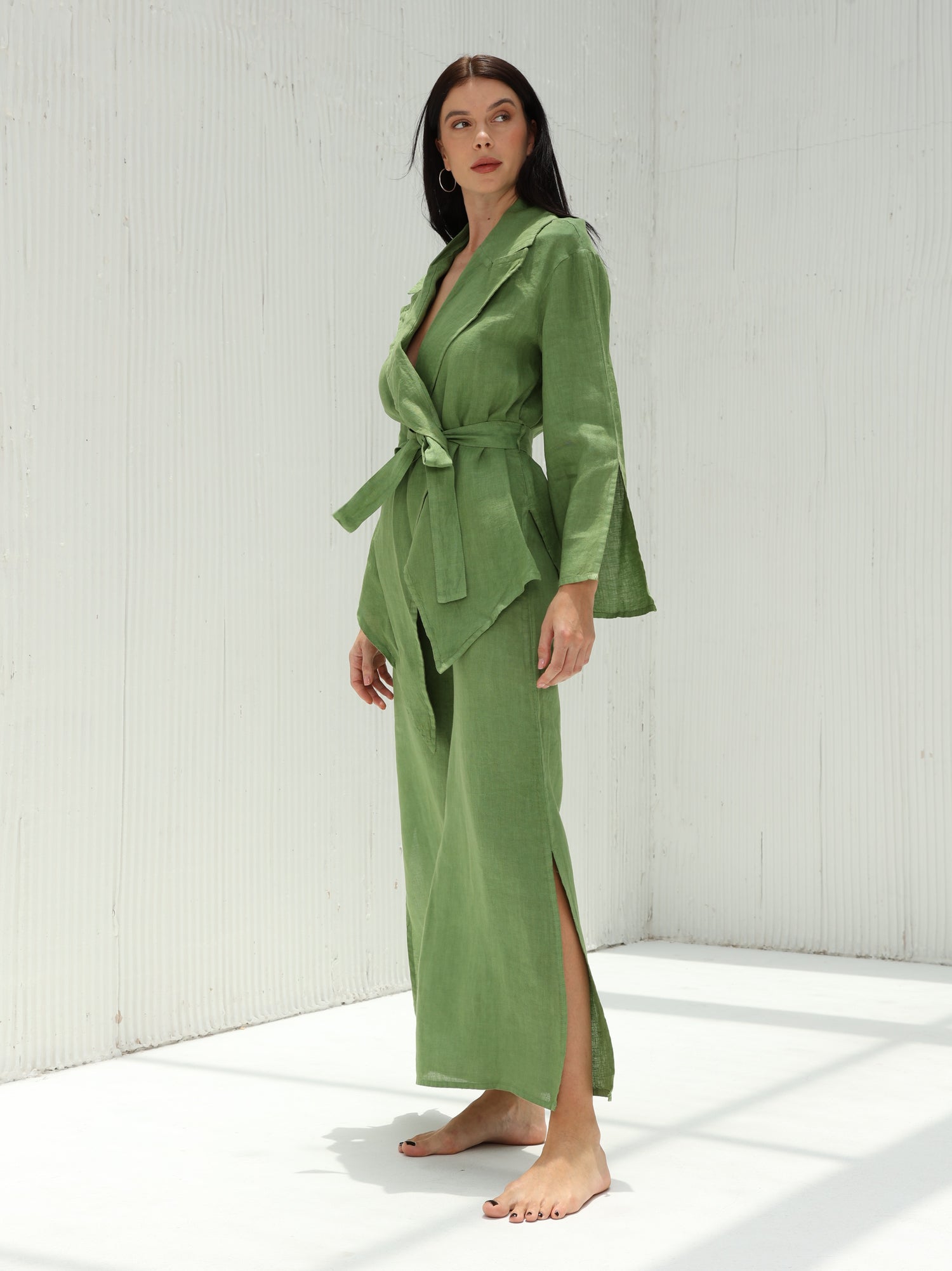 Sofia Pure Linen Side-Slit Pants From G Linen - Grass - Coord set