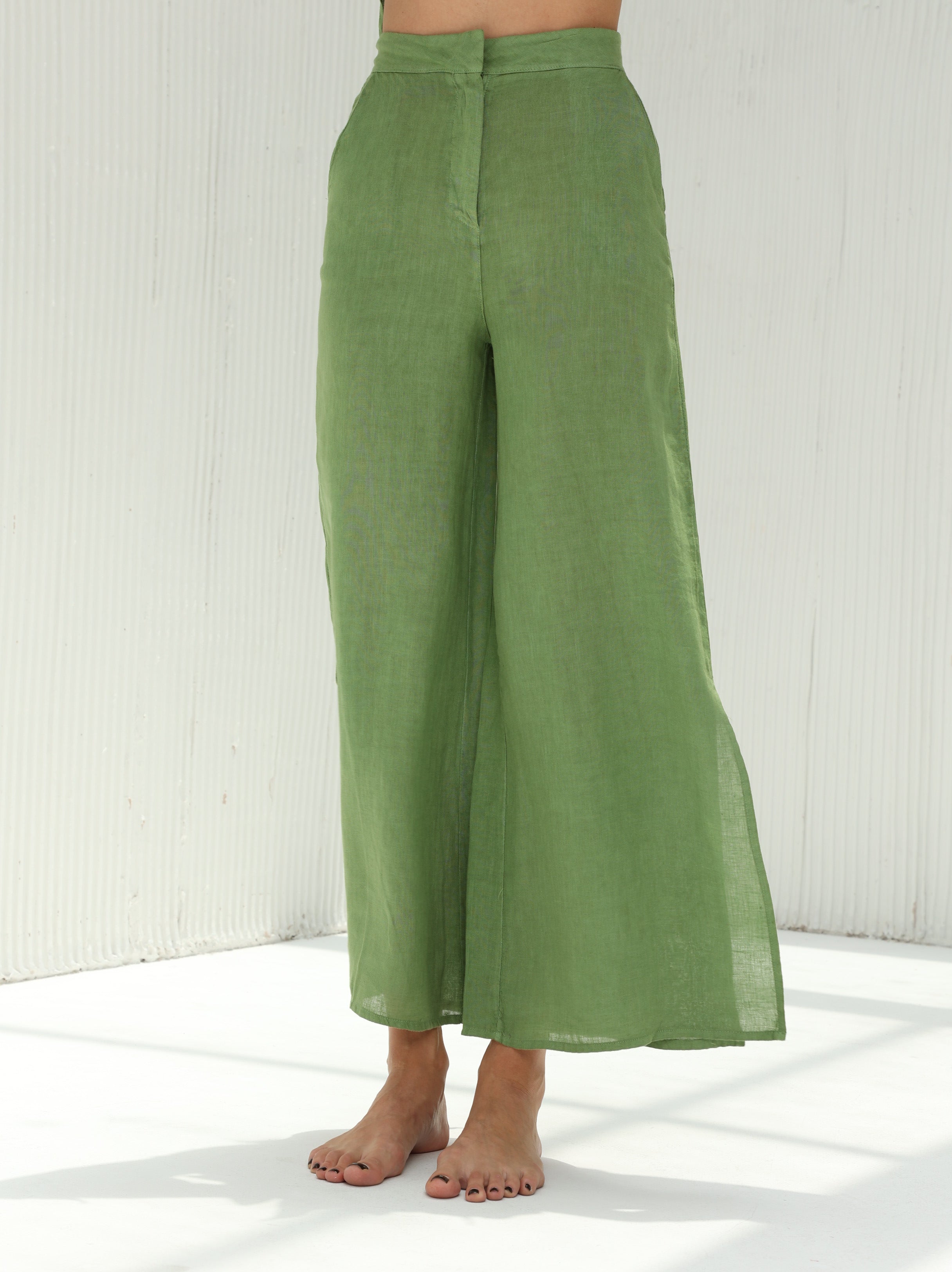Sofia Pure Linen Open-side Pants | Luxury &