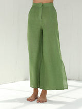 Sofia Pure Linen Side-Slit Pants From G Linen - Grass - Front shot