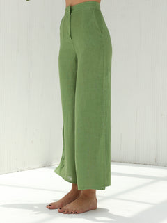 Sofia Pure Linen Side-Slit Pants From G Linen - Grass - Side shot