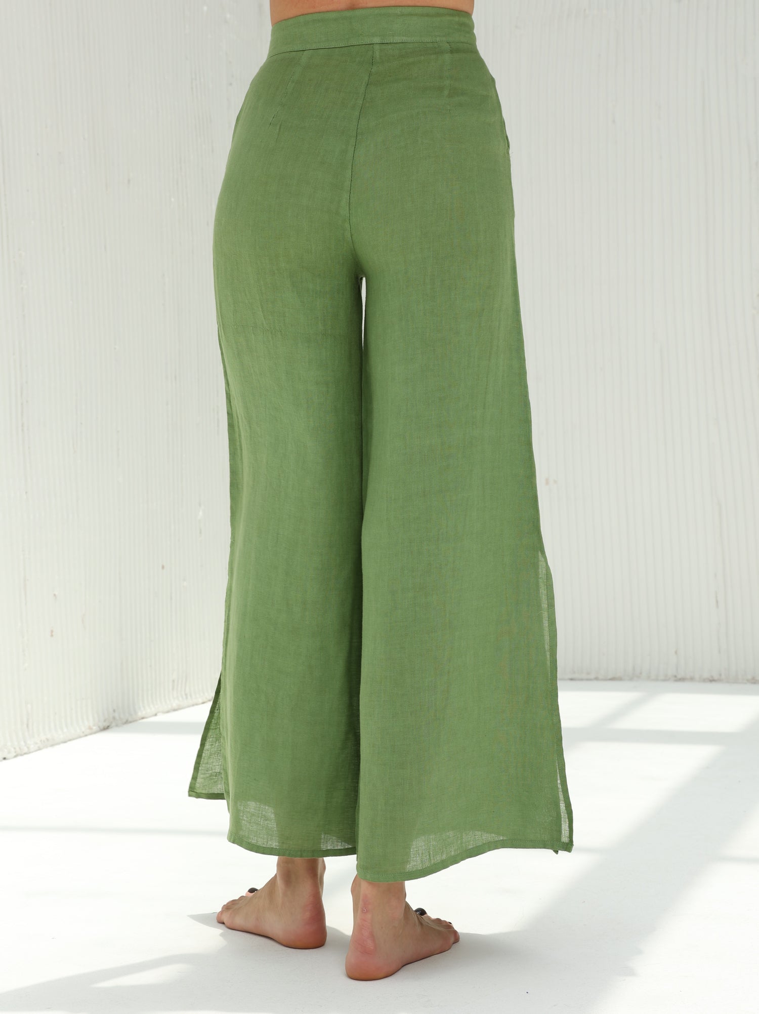Sofia Pure Linen Side-Slit Pants From G Linen - Grass - Back shot