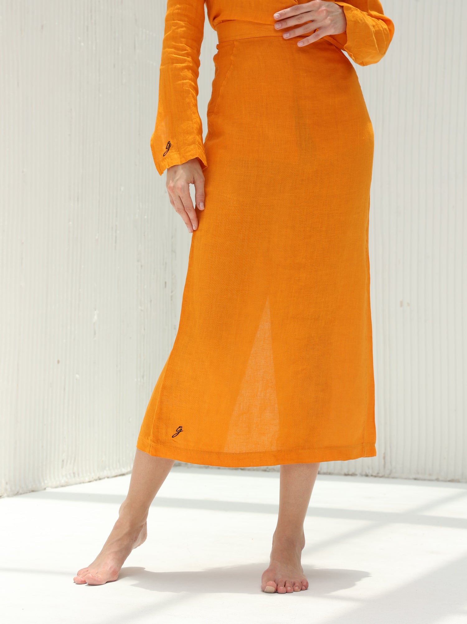 Eva Pure Linen Midi Skirt by G Linen World - Carrot - From shot 