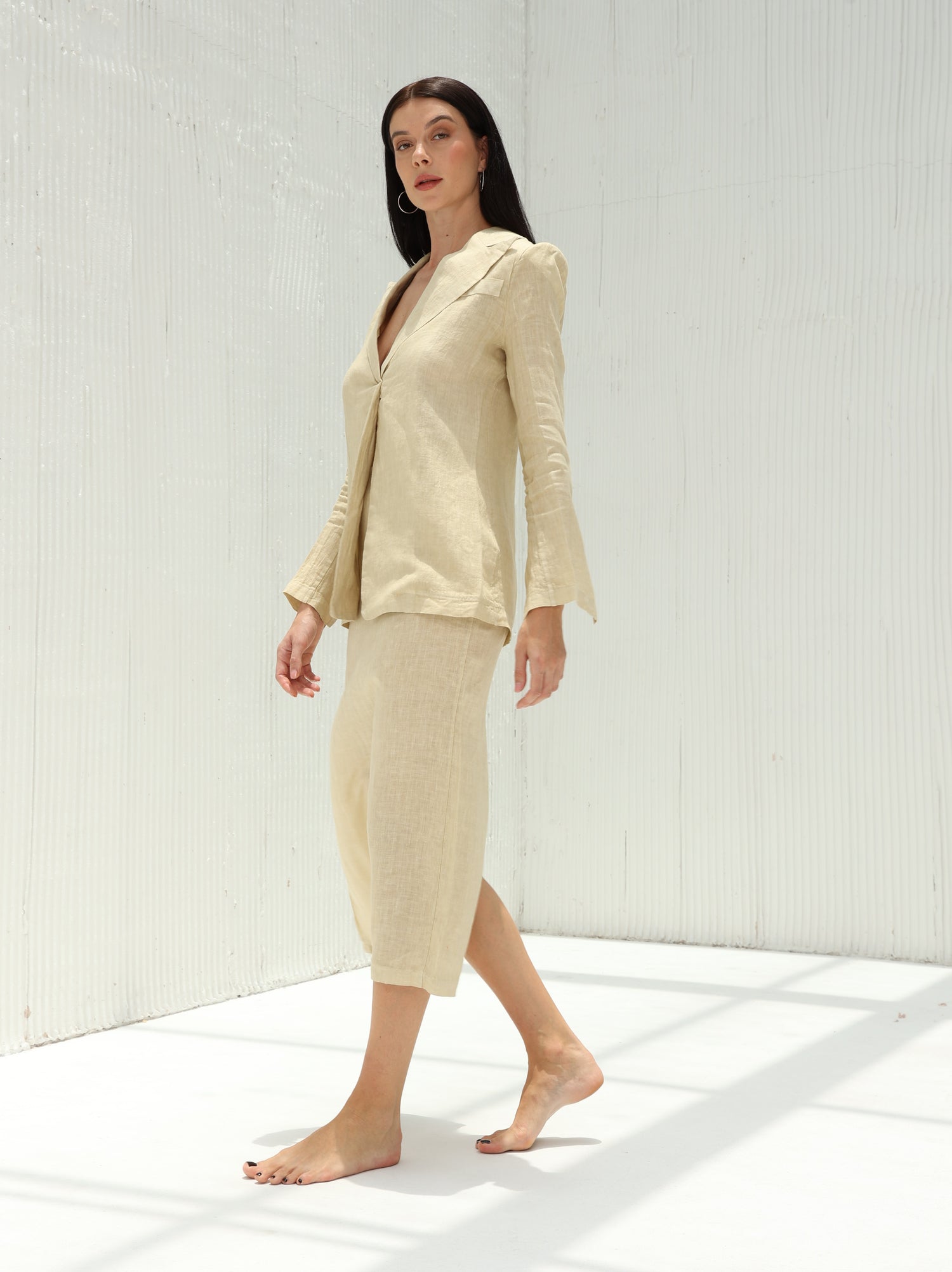 Eva Pure Linen Midi Skirt by G Linen World  - Hay - Side shot