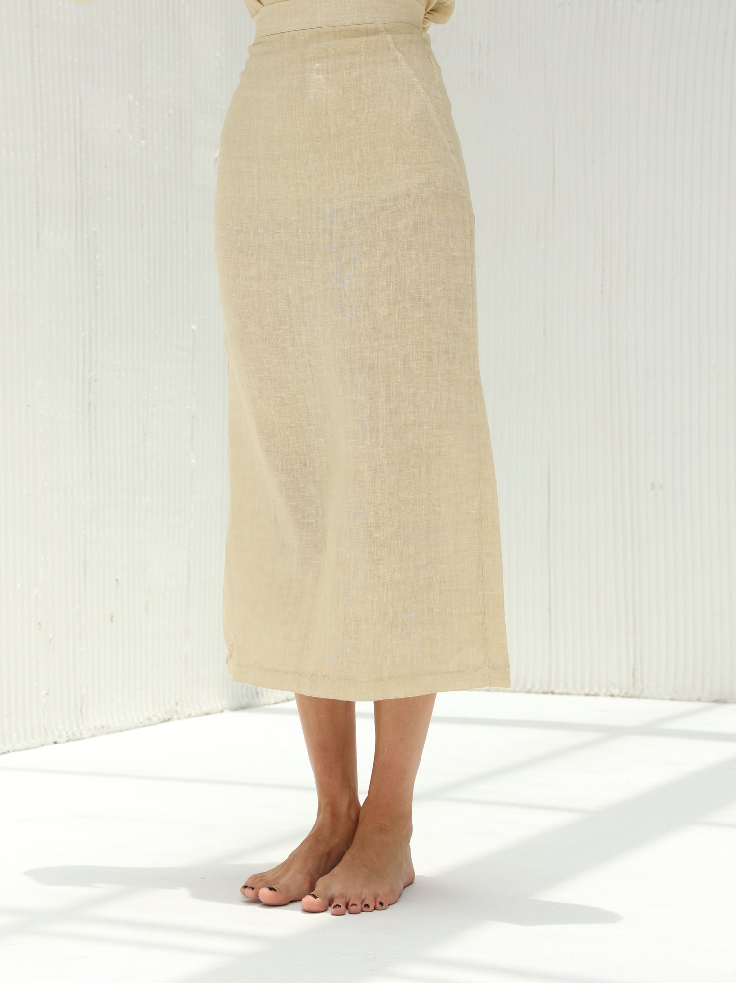 Eva Pure Linen Midi Skirt by G Linen World  - Hay - Front shot