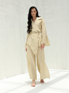 Sofia Pure Linen Side-Slit Pants From G Linen - Hay - Coord set 