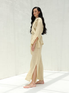 Sofia Pure Linen Side-Slit Pants From G Linen - Hay - Coord Jacket and Pants set