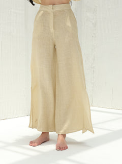 Sofia Pure Linen Side-Slit Pants From G Linen - Hay - Front shot