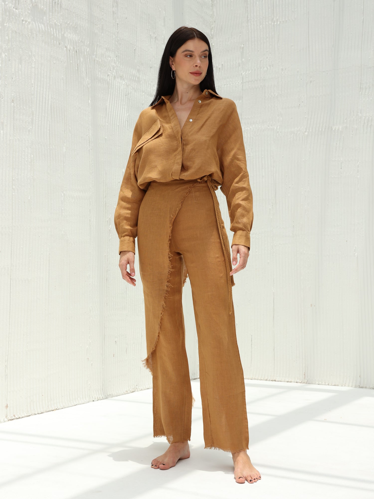 Lia Pure Linen Wrap Skirt Pants by G Linen  - Acorn  - Coord set