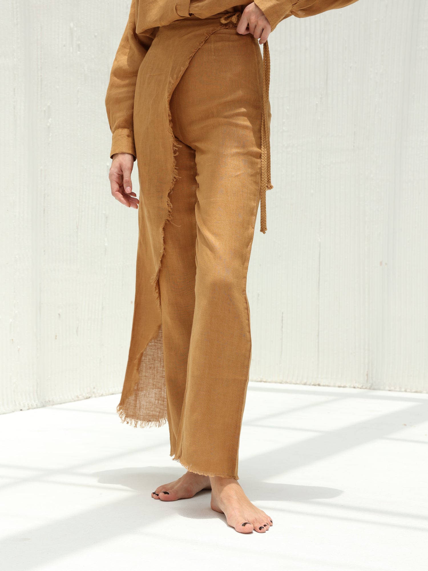 Lia Pure Linen Wrap Skirt Pants by G Linen  - Acorn - Front shot