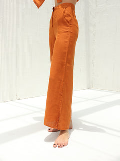 Sofia Pure Linen Side-Slit Pants From G Linen - Rust  - Side shot