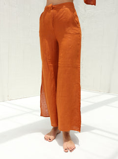 Sofia Pure Linen Side-Slit Pants From G Linen - Rust - Front shot