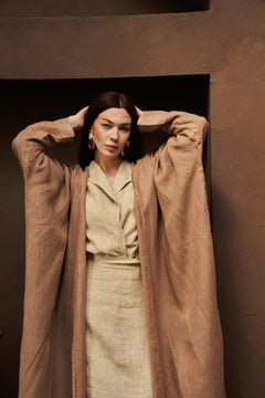 Layla Pure Linen Bisht Abaya Cammello from GLinen Ramadan Edition 25