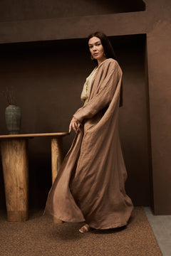 Layla Pure Linen Bisht Abaya Cammello from GLinen Ramadan Edition 25