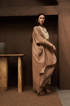 Layla Pure Linen Bisht Abaya Cammello from GLinen Ramadan Edition 25