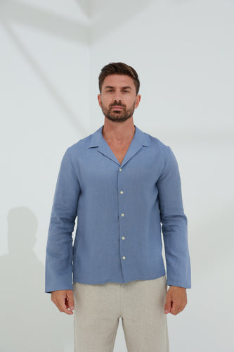 Occhi Men's 100% Linen Shirt - Blue 